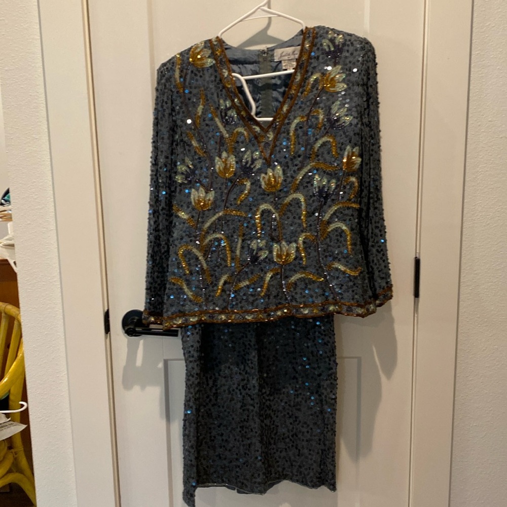 Judith Ann Vintage Sequined Skirt/Top Set. Pure Silk. Size Large. Flowers.